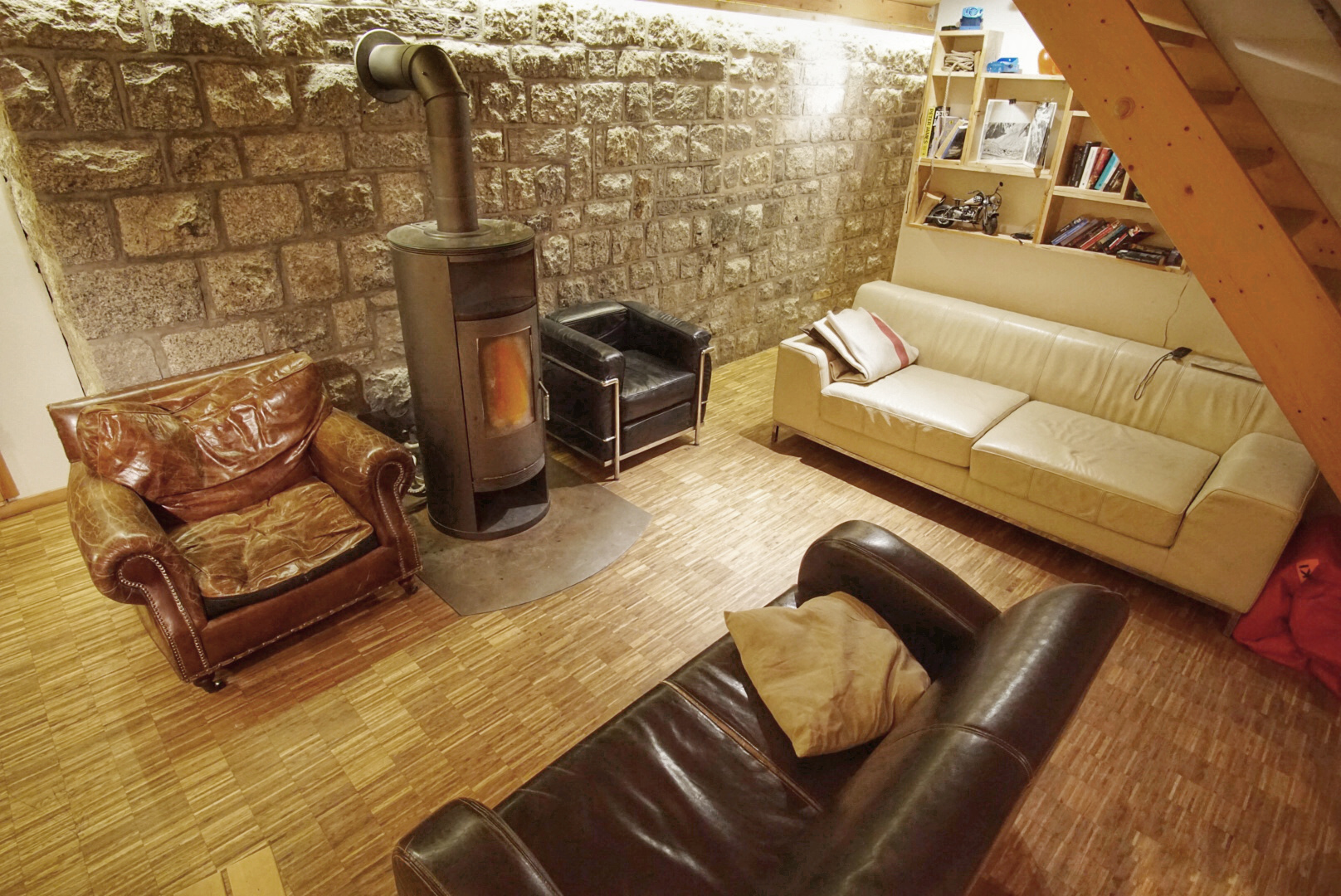 Relax next to the wood stove in our lodge