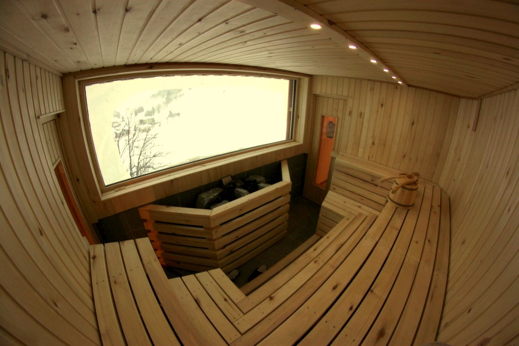 Sauna with panorama view  at the Basecamp Andermatt. Lodge and Hostel for cheap 